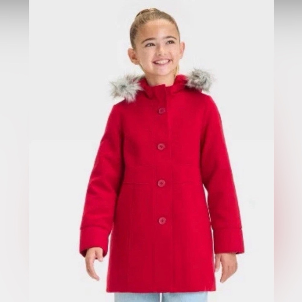 Cat & Jack Red Girls' Hooded Coat with Faux Fur Trim